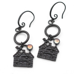 Earrings, black with house...